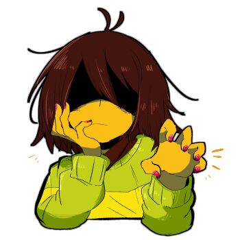 1other antenna_hair brown_hair closed_mouth colored_skin commentary deltarune english_commentary green_sweater hand_on_own_face hands_up highres kris_(deltarune) long_sleeves messy_hair nail_polish notice_lines other_focus pink_nails puffy_long_sleeves puffy_sleeves shaded_face short_hair simple_background single_stripe solo striped_clothes striped_sweater sweater t_hanada_444 upper_body utdr_(toby_fox) white_background yellow_skin