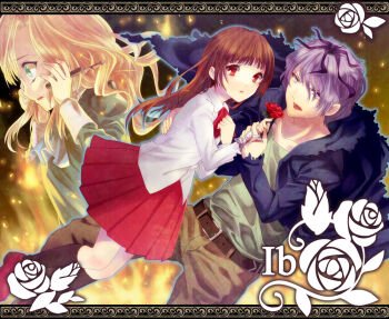 1boy 2girls ascot bandages bandaid bandaid_on_hand belt black_socks blonde_hair blood bloody_bandages blue_ascot blue_jacket brown_hair brown_pants commentary_request copyright_name dress flower garry_(ib) green_dress green_eyes green_shirt hand_on_another's_back hand_on_own_chest holding_hands ib_(ib) ib_(kouri) jacket juliet_sleeves kotadaigaku long_sleeves looking_at_viewer mary_(ib) multiple_girls open_mouth pants profile puffy_sleeves purple_hair red_ascot red_flower red_rose red_shoes red_skirt rose scared shirt shoes skirt socks white_shirt