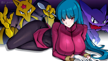 absurdres black_pantyhose breasts gen_1_pokemon gloves haunter highres huge_breasts kadabra long_hair nintendo pantyhose pokemon pokemon_frlg red_eyes sabrina_(pokemon)