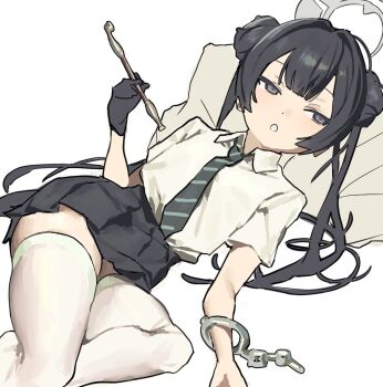 1girl alternate_costume azalaxy black_hair black_skirt blue_archive braid bun_with_braided_base collared_shirt diagonal-striped_clothes diagonal-striped_necktie double_bun grey_eyes hair_between_eyes hair_bun halo head_on_pillow holding holding_smoking_pipe kisaki_(blue_archive) kisaki_(school_uniform)_(blue_archive) looking_to_the_side necktie open_mouth pillow pleated_skirt raised_eyebrows school_uniform shirt single_handcuff skirt smoking_pipe striped_clothes thighhighs twintails white_halo white_thighhighs