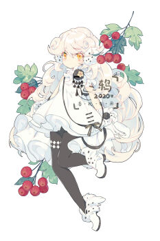 1girl absurdres berry black_pantyhose dated dress full_body fur_trim hair_ornament highres ibex long_hair looking_at_viewer original pantyhose simple_background sleeveless sleeveless_dress solo standing very_long_hair watermark white_background white_dress white_footwear white_hair yellow_eyes