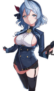 1girl :3 absurdres ako_(blue_archive) bell black_gloves black_hairband black_ribbon black_skirt black_thighhighs blue_archive blue_eyes blue_hair blue_jacket breasts buttons closed_mouth commentary_request cowbell cowboy_shot double-breasted double-parted_bangs garter_straps gloves hair_between_eyes hair_ribbon hairband half_gloves hands_up highres jacket kisaka large_breasts long_sleeves looking_at_viewer medium_hair neck_bell open_clothes open_jacket pencil_skirt red_ribbon ribbon shirt sideboob sideless_shirt skirt smile solo thighhighs thighs white_shirt zettai_ryouiki