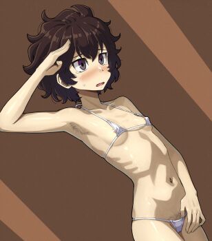 1girl areola_slip arm_up armpit_hair armpits bare_arms bare_shoulders bikini blush breasts brown_background brown_hair commentary cowboy_shot female_pubic_hair flipped_hair highres looking_afar looking_ahead marnie_(meitantei_marnie) meitantei_marnie micro_bikini navel onimushi_hyogo open_mouth pubic_hair pubic_hair_peek purple_eyes salute short_hair simple_background skinny small_breasts solo sweatdrop swimsuit tears untranslatable_commentary white_bikini