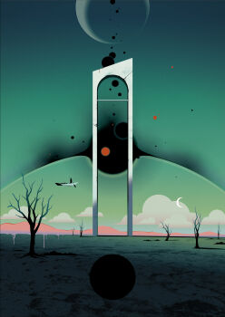 abstract absurdres arch bare_tree black_cloak boat cloak cloud commentary crack crescent floating green_sky highres leaking mountainous_horizon multiple_moons noise oar orb original punch6789 rowboat scenery silhouette sky splotch tree wide_shot