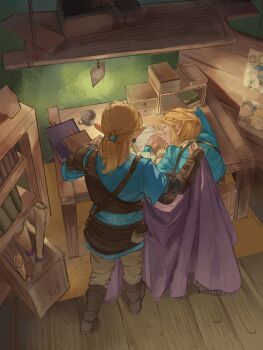 1boy 1girl aqua_shirt aqua_tunic armor blonde_hair boots braid brown_boots closed_eyes crown_braid desk earrings from_above grey_pants hair_tie highres jewelry leather_armor link low_ponytail medium_hair nintendo pants parted_bangs poi ponytail princess_zelda rollingxz scroll shirt short_hair sidelocks single_shoulder_pad the_legend_of_zelda the_legend_of_zelda:_breath_of_the_wild the_legend_of_zelda:_tears_of_the_kingdom tunic vambraces wooden_floor