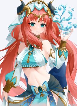 1girl aqua_eyes bare_shoulders blue_bow blue_gemstone blue_skirt bow bracer breasts brooch circlet commentary cowboy_shot crop_top detached_sleeves fake_horns gem genshin_impact gold_trim hand_up harem_outfit highres horns hydrokinesis jewelry linea_alba long_hair long_sleeves looking_at_viewer low_twintails medium_breasts midriff mihata_atelier navel neck_ring nilou_(genshin_impact) parted_bangs parted_lips pelvic_curtain puffy_long_sleeves puffy_sleeves red_hair sidelocks signature simple_background skirt skirt_hold solo stomach thighs twintails veil very_long_hair water white_background white_veil