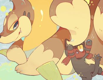 akadako animal_focus arms_up bags_under_eyes blue_eyes bright_pupils cat colored_sclera fang floatzel gen_4_pokemon gen_7_pokemon half-closed_eyes happy litten looking_at_another lying nintendo no_humans on_back on_stomach one-hour_drawing_challenge open_mouth outstretched_arms pawpads pokemon pokemon_(creature) profile red_eyes slit_pupils smile white_pupils yellow_sclera