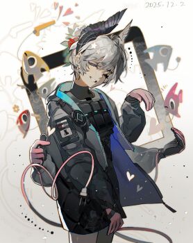 Rule 34 | 1girl, arknights, bird girl, black dress, black feathers, black gloves, black jacket, cable, cable tail, chinese commentary, closed eyes, commentary request, cowboy shot, dated, dress, electric plug, electric plug tail, extra arms, facing viewer, feathers, fish, gloves, grey hair, head wings, highres, jacket, long sleeves, mechanical tail, open clothes, open jacket, picture frame, pink gloves, raidian (arknights), short hair, smile, solo, standing, tail, two-tone gloves, white background, wings, youxing luoxuan