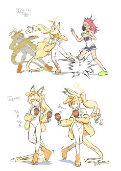 2girls absurdres animal_ear_fluff animal_ears bare_legs bare_shoulders bindonkan blonde_hair blue_archive closed_mouth covered_navel crocs cross_halo dancing dee_jay diamond_cutout extra_ears feet fighting_game flat_chest fox_ears fox_girl fox_tail gameplay_mechanics hair_over_one_eye halo hands_up highleg highleg_one-piece_swimsuit highres instrument jacket kicking loli long_hair long_sleeves looking_at_viewer maracas multiple_girls navel off_shoulder official_alternate_costume one-piece_swimsuit one_eye_covered pink_hair sandals seaside_sukeban_(smg)_(blue_archive) seia_(blue_archive) seia_(swimsuit)_(blue_archive) short_shorts shorts side_ponytail simple_background street_fighter street_fighter_6 sukeban_(sr)_(blue_archive) sunglasses sweat swimsuit tail tail_ornament tan thighs tinted_eyewear toes twintails very_long_hair very_long_tail visor_cap white_background white_one-piece_swimsuit yellow_halo yellow_jacket yellow_sandals yellow_visor