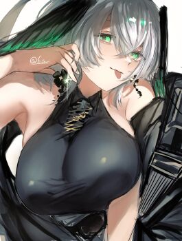 1girl :p a6_9s_rinlin arknights bare_shoulders black_jacket black_wings breasts commentary_request green_eyes grey_hair hair_between_eyes head_wings highres ho&#039;olheyak_(arknights) ho&#039;olheyak_(ritual_of_immortality)_(arknights) jacket large_breasts looking_at_viewer official_alternate_costume simple_background solo tongue tongue_out twitter_username white_background wings