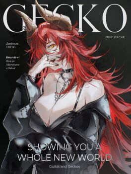 1girl absurdres black_dress breasts cleavage collar commentary cover covering_own_mouth dragon_girl dress english_commentary english_text fake_magazine_cover fang hair_over_one_eye hand_over_own_mouth highres horns indie_virtual_youtuber jewelry large_breasts littlemisstina_(artist) long_hair looking_to_the_side magazine_cover necklace open_mouth orange_eyes red_hair slit_pupils solo spiked_collar spikes upper_body zentreya
