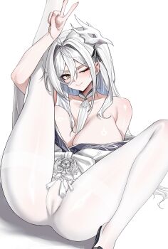 absurdres ass azur_lane bird_mask breasts cleavage hair_between_eyes hair_intakes hakuhou_(azur_lane) highres huge_breasts japanese_clothes kimono kuyokuyo leg_hold leg_up long_bangs long_hair_between_eyes mask mask_on_head off_shoulder one_eye_closed pantyhose sitting smile white_background white_kimono white_pantyhose