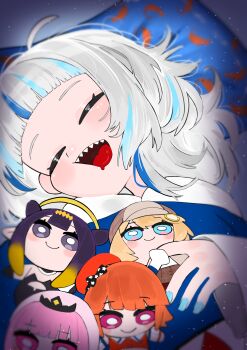 Rule 34 | 1girl, absurdres, ahoge, blue hair, blue nails, closed eyes, commentary, drooling, english commentary, gawr gura, gawr gura (1st costume), highres, hololive, hololive english, indoors, light blush, long sleeves, mori calliope, mori calliope (1st costume), multicolored hair, nail polish, ninomae ina'nis, ninomae ina'nis (1st costume), open mouth, pillow, sharp teeth, sleeping, takanashi kiara, takanashi kiara (1st costume), teeth, tongue, upper teeth only, virtual youtuber, watson amelia, watson amelia (1st costume), white hair, yuuppi