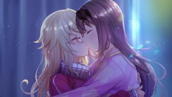 2girls blonde_hair blush brown_hair closed_eyes game_cg glasses indoors jacket kiss light_particles long_hair long_sleeves mugendo_saki multiple_girls night non-web_source official_art open_mouth otori_ai pajamas pink_pajamas profile red-framed_eyewear red_jacket semi-rimless_eyewear track_jacket under-rim_eyewear upper_body yumeutsutsu_re:master yuri