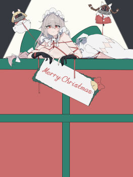 1girl absurdres alexandrina_sebastiane anastella_(zenless_zone_zero) bangboo_(zenless_zone_zero) bare_shoulders black_gloves box breasts closed_mouth collar commentary commentary_request cowboy_shot drusilla_(zenless_zone_zero) english_commentary frilled_collar frills gift gift_box gloves grey_hair hair_ribbon highres large_breasts long_hair looking_at_viewer lying maid_headdress merry_christmas mixed-language_commentary on_stomach pantyhose pantyhose_cutout partially_fingerless_gloves red_eyes red_ribbon ribbon rimeye sign single_leg_pantyhose smile white_pantyhose zenless_zone_zero