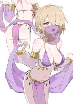 absurdres ass blonde_hair bra breasts commentary_request commission dancer detached_sleeves hair_over_one_eye harem_outfit heaven_burns_red highres jewelry kayamori_ruka mabokani medium_breasts mouth_veil multiple_views neck_ring open_mouth panties pixiv_commission purple_bra purple_loincloth purple_panties red_eyes see-through_clothes see-through_loincloth see-through_sleeves simple_background underwear veil white_background