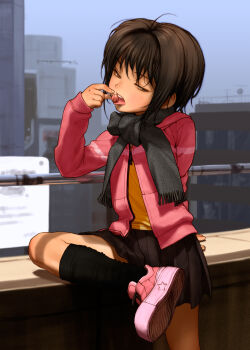 1girl arm_behind_back arm_support black_scarf black_socks blouse brown_eyes brown_hair candy female_focus food half-closed_eyes hand_to_own_mouth highres jacket kneehighs leg_up loli on_wall original petite pink_shoes pleated_skirt rustle scarf sexually_suggestive shirt shoes skirt sneakers socks solo textless_version tongue yellow_shirt yonic_symbol