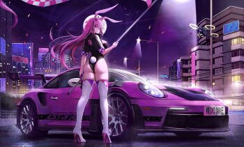 Rule 34 | 1girl, absurdres, animal ears, ass, black jacket, black leotard, boots, breasts, car, check copyright, checkered flag, city, city lights, cityscape, commission, copyright request, cropped jacket, drone, flag, full body, high heel boots, high heels, highleg, highleg leotard, highres, holding, holding flag, jacket, kcar66t, lamppost, large breasts, leotard, long hair, looking at viewer, looking back, motor vehicle, multicolored hair, night, original, outdoors, pink hair, porsche, porsche 911, porsche 992, purple eyes, rabbit ears, rabbit tail, short sleeves, skindentation, solo, spoiler (automobile), sports car, standing, streaked hair, tail, thigh boots, thighhighs, white thighhighs
