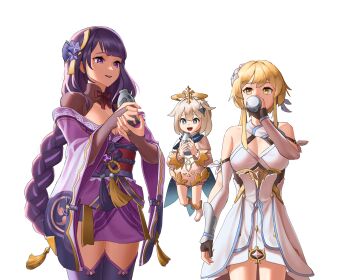 3girls absurdres bare_shoulders blonde_hair blue_eyes blunt_bangs blurry blurry_background braid breasts bridal_gauntlets cleavage cloud cloudy_sky collarbone commentary dango_milk_(genshin_impact) dress drinking english_commentary fan_hair_ornament floating flower_ornament genshin_impact hair_between_eyes hair_ornament halo hanho happy headpiece highres holding japanese_clothes kimono large_breasts long_braid long_hair looking_down looking_to_the_side looking_up lumine_(genshin_impact) mitsudomoe_(shape) mole mole_under_eye multicolored_hair multiple_girls off_shoulder open_mouth orange_sky outdoors paimon_(genshin_impact) purple_eyes purple_hair purple_kimono purple_thighhighs raiden_shogun red_sash sash scarf shade short_hair single_braid sky smile streaked_hair thighhighs tomoe_(symbol) white_background white_dress white_hair white_scarf yellow_eyes