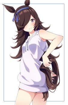 Rule 34 | 1girl, animal ears, blue hairband, blush, breasts, brown hair, closed mouth, commentary request, flipped hair, hair over one eye, hairband, highres, hood, hood down, hoodie, horse ears, horse girl, horse tail, long hair, looking at viewer, motsutoko, purple eyes, rice shower (umamusume), simple background, sleeveless, sleeveless hoodie, small breasts, smile, solo, tail, umamusume, white hoodie