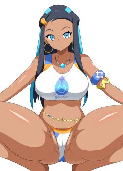 1girl absurdres aikome_(haikome) aqua_hair armband armlet bare_legs bikini blue_eyes blue_hair breasts cameltoe cleavage commentary crop_top dark-skinned_female dark_skin earrings eyelashes eyeshadow gluteal_fold groin hair_bobbles hair_ornament highres hoop_earrings jewelry large_breasts long_hair looking_at_viewer makeup midriff multicolored_hair navel necklace nessa_(pokemon) nintendo partially_visible_vulva pendant pokemon pokemon_swsh simple_background solo spread_legs squatting swimsuit tank_top thick_thighs thighs two-tone_hair white_background white_bikini white_tank_top