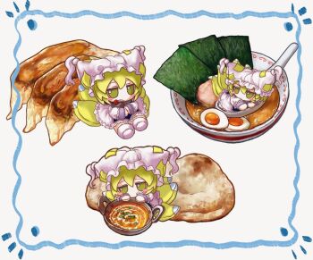 1girl animal_ear_headwear blue_tabard blush_stickers bowl character_doll chibi chibi_only closed_mouth colored_eyelashes commentary_request curry doll dot_mouth dress dumpling egg_(food) expressionless fake_animal_ears food food_focus food_request fox_girl fox_tail frilled_dress frills full_body fumo_(doll) hat hat_tassel kitsune multiple_tails multiple_views naan_bread noodles nori_(seaweed) own_hands_together ramen rusuban_(yakumora_n) short_hair sitting socks spoon sushi tabard tail touhou white_background white_dress white_hat white_socks yakumo_ran yellow_eyes