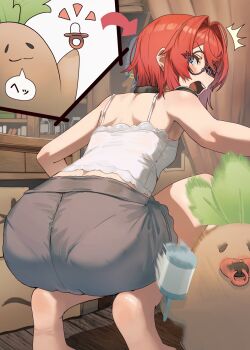 Rule 34 | 1girl, ange katrina, ass, ass focus, bare shoulders, barefoot, blue eyes, breasts, camisole, doidamon, from behind, glasses, hair intakes, headphones, headphones around neck, highres, mandragora (ange katrina), nijisanji, open mouth, pacifier, pantylines, rattle, red hair, round eyewear, short hair, shorts, small breasts, squatting, surprised, virtual youtuber