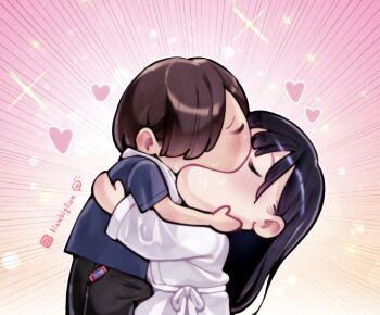 bathrobe black_hair black_pants blue_shirt boku_no_kokoro_no_yabai_yatsu brown_hair bulge closed_eyes condom condom_wrapper_in_clothes drooling durex erection erection_under_clothes hair_over_one_eye highres hug ichikawa_kyoutarou instagram_logo instagram_username kiss lianbiglian long_hair meme motion_lines pants pink_background saliva shirt short_hair towel towel_around_neck white_bathrobe yamada_anna yoshi_and_toad_kissing_(meme)