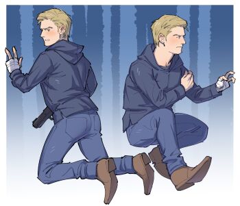 Rule 34 | 1boy, arm up, bandaged hand, bandages, blonde hair, blue eyes, blue hoodie, blue pants, blush, border, brown footwear, closed mouth, commentary, denim, drawstring, english commentary, ethan winters, frown, full body, gun, highres, holding own arm, hood, hood down, hoodie, jeans, kalamari, kneeling, long sleeves, looking ahead, looking back, male focus, missing finger, multiple views, pants, parted lips, resident evil, resident evil village, short hair, sitting, weapon, white border