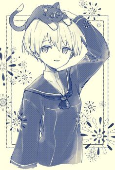 1girl animal animal_on_head bad_id bad_twitter_id cat cat_on_head commentary_request dress grey_hair kantai_collection karin_bluez3 monochrome neckerchief on_head parted_lips sailor_collar sailor_dress short_hair smile unsinkable_sam upper_body z1_leberecht_maass_(kancolle)