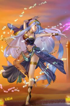 1girl absurdres anklet armpits artist_name azura_(fire_emblem) azura_(hatari)_(fire_emblem) blue_hair breasts cleavage cloud dancer dancing fingernails fire_emblem fire_emblem_fates fire_emblem_heroes floating_hair grin hair_between_eyes hashtag-only_commentary highres hydrokinesis jewelry karrincorrin long_hair medium_breasts navel necklace nintendo official_alternate_costume outdoors pelvic_curtain sky smile solo standing standing_on_one_leg stomach toes veil very_long_hair water yellow_eyes