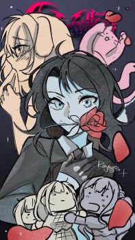 5girls animal_ears animalization ave_mujica_(bang_dream!) bang_dream! bang_dream!_it&#039;s_mygo!!!!! black_gloves black_hair black_jacket blue_eyes blush cat chinese_commentary commentary_request dog_ears dog_girl dress falling_petals gloves highres jacket kemonomimi_mode long_hair long_sleeves misumi_uika mortis_(bang_dream!) mortis_(persona)_(bang_dream!) multiple_girls multiple_monochrome open_mouth petals sweatdrop togawa_sakiko wakaba_mutsumi yahata_umiri yoyoray20001996 yuutenji_nyamu