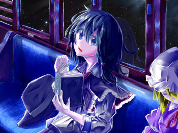 2girls arm_garter black_capelet black_hair black_hat blonde_hair blue_eyes book bow capelet closed_eyes collar dress dress_ribbon frills hair_ribbon hat hat_bow holding holding_book maribel_hearn medium_hair mob_cap multiple_girls muraryo night night_sky open_mouth puffy_sleeves purple_dress reading red_ribbon ribbon short_hair sky sleeping sleeve_cuffs star_(sky) star_(symbol) touhou train train_interior unworn_headwear usami_renko white_arm_garter white_collar white_hat