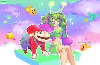 1other alien antennae commentary computer_mouse crop_top emoji english_commentary green_eyes green_hair green_shorts happy heart koala long_sleeves mario multicolored_hair original polygon_donut purple_clouds rainbow saturn_(planet) second-party_source short_shorts shorts sitting thumbs_up_emoji tv_hair_ornament twila_brinkk twintails two-tone_hair ufo vaporwave