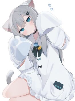 Rule 34 | 1girl, absurdres, animal ears, bare legs, black choker, blue eyes, cat ears, cat girl, cat hair ornament, cat tail, choker, closed mouth, commentary, detached sleeves, dress, grey hair, hair ornament, heart, highres, indie virtual youtuber, long hair, looking at viewer, nachoneko, nekosakaaa, paw pose, paw print, ribbon, simple background, sitting, tail, virtual youtuber, white background, white dress