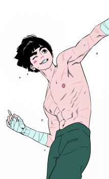 1boy abs bandaged_arm bandages black_eyes black_hair blush_stickers commentary_request eyelashes green_pants grin highres korean_commentary m0_mo_momo male_focus naruto_(series) naruto_shippuuden navel nipples one_eye_closed outstretched_arm pants pectorals rock_lee simple_background smile solo standing teeth topless_male white_background