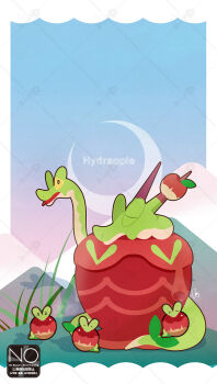 Rule 34 | apple, applin, character name, colored sclera, commentary request, crescent, evolutionary line, food, fruit, gen 8 pokemon, highres, hydra, hydrapple, meme (sleepsheep), nintendo, no humans, pokemon, pokemon (creature), pokemon focus, worm, wyrm, yellow sclera