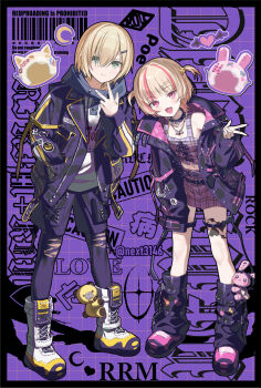 1boy 1girl animal_ear_helmet animal_ears animal_helmet arm_belt barcode bat_necklace belt belt_buckle black_belt black_border black_collar black_jacket black_leg_warmers black_leggings black_shorts black_straps blonde_hair blue_hood blunt_bangs blush boots border breasts buckle cat_ears caution chain chain_necklace cleavage closed_mouth clothes_writing collar collarbone colored_inner_hair crescent crop_top cross-laced_clothes cross-laced_top debitto_(makaino_ririmu) drawstring earclip fake_animal_ears fang flame_print food_print fruit_print full_body green_eyes grey_hair grid_background gyaru_v hair_intakes hair_ornament hair_over_one_eye hairclip hand_in_pocket heart heart_print helmet highres hood hood_down hoodie inward_w jacket jewelry lace-up_boots lapels leaning_forward leg_belt leg_tattoo leg_warmers leggings lightning_bolt_print looking_at_viewer loose_belt makaino_ririmu makaino_ririmu_(6th_costume) midriff miniskirt multicolored_hair multiple_belts navel necklace nijisanji no_headwear notched_lapels o-ring o-ring_collar o-ring_thigh_strap open_belt open_clothes open_jacket open_mouth pendant pink_belt pink_hair pink_jacket pink_shoes pink_skirt pink_streaks plaid_clothes plaid_skirt pleated_skirt pocket pointy_ears print_hoodie purple_background rabbit_ears red_eyes rice_(rice8p) shoelaces shoes short_hair shorts skin_fang skirt sleeves_past_fingers sleeves_past_wrists small_breasts smile space_helmet spiked_collar spikes standing star_(symbol) star_hair_ornament strawberry_print streaked_hair studded_belt stuffed_animal stuffed_rabbit stuffed_toy tattoo teddy_bear text_background thigh_strap torn_clothes torn_leggings twitter_username two-sided_fabric two-sided_jacket two-tone_hair two_side_up unbuttoned unworn_headwear unworn_helmet unzipped uzuki_kou uzuki_kou_(5th_costume) v virtual_youtuber white_boots white_helmet white_hoodie winged_heart winged_heart_tattoo wolf_cut yellow_belt yellow_trim zipper_top