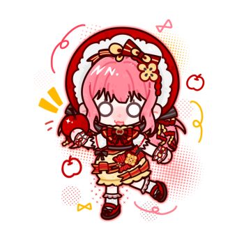 Rule 34 | 1girl, ankle socks, apple, apple slice, black bow, bonnet, bow, bowtie, bubble skirt, chibi, chinese commentary, commentary request, dress, food, food-themed clothes, food-themed hair ornament, footwear bow, frilled dress, frilled headwear, frilled socks, frilled wrist cuffs, frills, fruit, hair bow, hair ornament, halftone, happy, holding, holding food, holding fruit, infinity nikki, lace-trimmed sleeves, lace trim, long hair, looking at viewer, low twintails, luoqianchen57923, mary janes, medium dress, multiple hair bows, nikki (nikki), nikki (series), o o, open mouth, outline, pinafore dress, pink hair, pink outline, puffy short sleeves, puffy sleeves, red bonnet, red bow, red bowtie, red dress, red shoes, ribbon-trimmed sleeves, ribbon trim, shirt, shoes, short sleeves, sidelocks, skirt, sleeveless, sleeveless dress, smile, socks, solo, standing, striped bow, sweet memories (infinity nikki), twintails, two-tone dress, wavy hair, white background, white bow, white shirt, white socks, white wrist cuffs, wrist bow, wrist cuffs, yellow dress