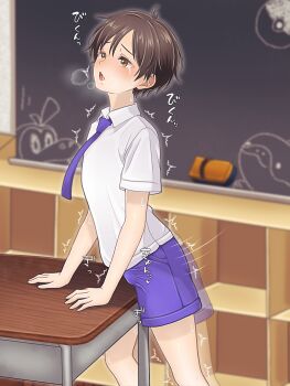 1boy :o board_eraser breath brown_eyes brown_hair bulge chalkboard classroom collared_shirt commentary_request crotch_rub desk florian_(pokemon) highres indoors male_focus male_masturbation masturbation motion_lines necktie nintendo open_mouth pokemon pokemon_sv purple_necktie purple_shorts saliva school_desk school_uniform shirt short_hair short_sleeves shorts shota solo spsp_san table_humping trembling white_shirt