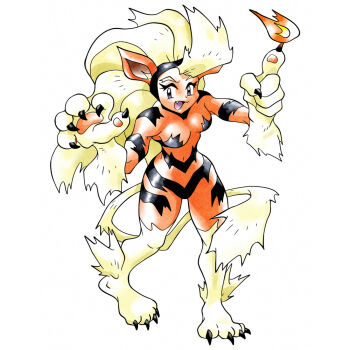 1990s_(style) 1girl animal_feet animal_hands arcanine arcanine_(cosplay) big_hair black_claws black_fur blonde_hair breasts claw_pose claws cleavage colored_skin cosplay crossover darkstalkers dog_girl faux_retro_artstyle felicia_(darkstalkers) gen_1_pokemon highres kyleculpart long_hair muscular muscular_arms muscular_female navel nintendo orange_skin pokemon retro_artstyle solo sugimori_ken_(style) thick_thighs thighs