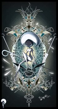 1girl absurdres arthropod_girl black_background black_border blue_flower bocaijingmiao bodysuit border breasts chinese_commentary closed_eyes commentary_request fewer_digits film_grain flower full_body hat highres holding holding_flower holding_weapon hollow_knight juliet_sleeves knee_up lace_(hollow_knight) long_sleeves needle_(hollow_knight) no_mouth outline pin_(hollow_knight) puffy_sleeves simple_background small_breasts solo triangle u_u weapon white_bodysuit white_hat white_outline