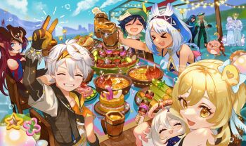 >_< 5boys 5girls :d ^_^ aroni_(genshin_impact) asha_(genshin_impact) bare_shoulders bennett_(adventures_in_blazing_hue)_(genshin_impact) bennett_(genshin_impact) beret black_hair blonde_hair blue_eyes blush braid breasts cacucu_(genshin_impact) chasca_(genshin_impact) closed_eyes commentary_request cup food genshin_impact green_hat grin hair_between_eyes halo hand_up hat headband highres holding holding_cup holding_skewer ifa_(genshin_impact) kippeijii long_hair looking_at_viewer lumine_(genshin_impact) macani_(genshin_impact) making-of_available medium_hair mualani_(genshin_impact) multiple_boys multiple_girls official_alternate_costume open_mouth ororon_(genshin_impact) outdoors paimon_(genshin_impact) parted_lips pointy_ears red_hair short_hair_with_long_locks skewer smile tankard twin_braids v venti_(genshin_impact) very_long_hair white_hair xd yellow_eyes yellow_headband