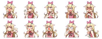 1girl :3 absurdres arm_behind_head blonde_hair blue_eyes bow clenched_hands clenched_teeth closed_eyes colored_tips crying ddolbang multiple_expressions frilled_sailor_collar frills glasses hair_bow highres chromashift long_hair momo_otako multicolored_hair one_eye_closed open_mouth pink_bow pink_hair polka_dot polka_dot_bow sailor_collar shaded_face simple_background sleeveless squid squid_girl streaming_tears sweat sweatdrop tears teeth tentacle_hair tongue tongue_out virtual_youtuber white_background