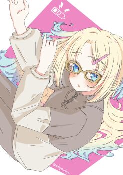 Rule 34 | 1girl, :o, battery indicator, blonde hair, blue eyes, blue hair, brown-framed eyewear, brown pants, brown shirt, character logo, commentary request, glasses, gradient hair, hair ornament, hair spread out, hairclip, highres, link! like! love live!, long hair, long sleeves, love live!, multicolored hair, open mouth, osawa rurino, osawa rurino (summer loungewear), pants, parted bangs, sanya (sanya ikuyo), shirt, solo, twitter username, very long hair, virtual youtuber, zipper