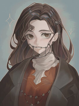 Rule 34 | 1girl, absurdres, braces, brown coat, brown eyes, brown hair, chikenug1000000, coat, dress, grey background, highres, jewelry, long hair, looking at viewer, necklace, parted lips, red dress, reverse:1999, shirt, solo, sparkle, teeth, tooth fairy (reverse:1999), tooth necklace, upper body, white shirt