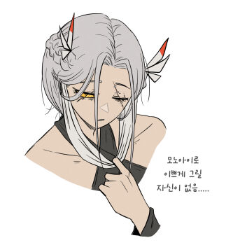 1girl balance_scale bandages bandages_over_eyes bare_shoulders collarbone colored_sclera commentary feather_hair_ornament feathers hair_ornament highres judgement_bird korean_text lobotomy_corporation long_sleeves misg1111 one_eye_closed open_mouth personification project_moon scar scar_across_eye scar_on_face simple_background solo symbol-only_commentary weighing_scale white_background white_hair wide_sleeves yellow_eyes yellow_sclera