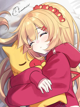 1girl akai_haato akai_haato_(loungewear) blonde_hair blush closed_mouth haaton_(akai_haato) hair_ornament hairpin heart heart_hair_ornament highres hololive hood hoodie lying momone_cco official_alternate_costume official_alternate_hairstyle on_side pink_hoodie ponytail sleeping solo virtual_youtuber