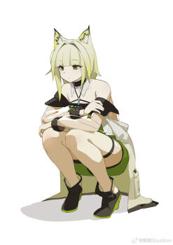 1girl animal_ear_fluff animal_ears ankle_boots arknights bare_shoulders black_boots boots closed_mouth crossed_arms dress expressionless full_body gradient_hair green_dress green_eyes green_hair grey_dress halter_dress halterneck highres kal&#039;tsit_(arknights) long_sleeves looking_ahead medium_hair multicolored_hair o-ring off_shoulder see-through_clothes see-through_sleeves simple_background solo squatting uusquid white_background