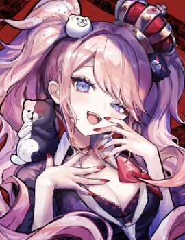 Rule 34 | 1girl, absurdres, bear, bear hair ornament, black choker, bow, breasts, choker, cleavage, commentary request, crown, danganronpa: trigger happy havoc, danganronpa (series), enoshima junko, hair ornament, hand on own chest, highres, looking at viewer, pipi (pipinavigation), red background, teeth, twintails, upper teeth only
